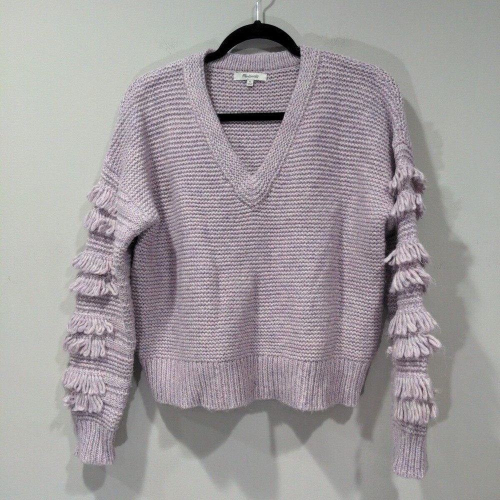 Madewell Womens V-Neck Fringe Sleeve Oversized Pullover Sweater Size XS Purple